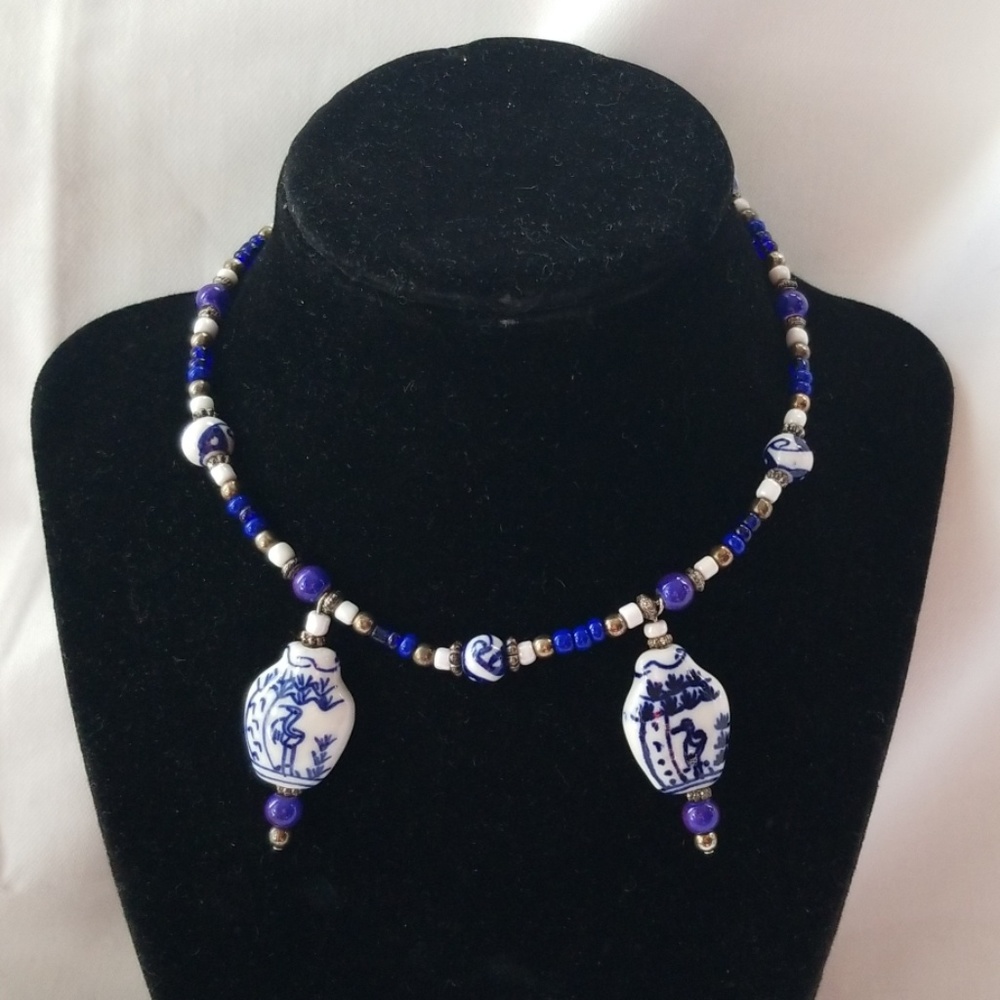 Royal Blue/white porcelain Beads choker necklace
